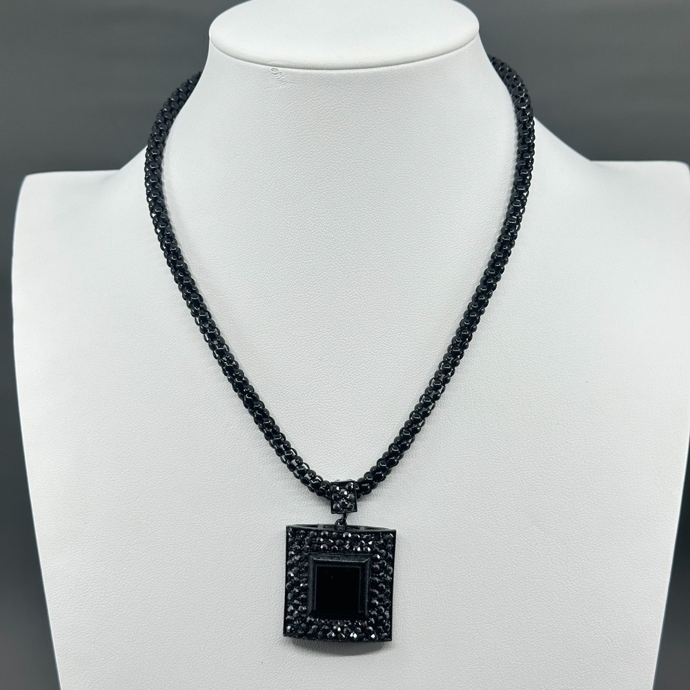 Black Rhinestone Square Pendant Necklace Gothic Statement Chain Vintage Jewelry